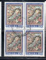 ITALIA REPUBBLICA ITALY REPUBLIC 1975 NATALE CHRISTMAS NOEL WEIHNACHTEN NAVIDAD LIRE 100 QUARTINA BLOCK USATO USED - 1971-80: Usati