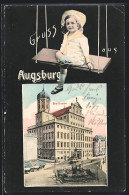 AK Augsburg, Rathaus, Passepartout Mit Kind Auf Der Schaukel  - Augsburg