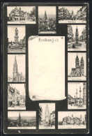 AK Freiburg I. B., Kaiserstrasse, Fischbrunnen, Münsterportal, Schwabenbrücke, Salzstrasse, Rathaus  - Freiburg I. Br.
