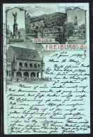 Lithographie Freiburg I. B., Das Kaufhaus, Sieges-Denkmal, Waldsee, Berthold-Schwarz-Denkmal  - Freiburg I. Br.