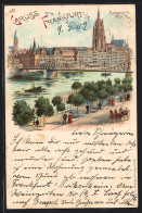 Lithographie Frankfurt, Panorama Mit Mainbrücke Und Dom  - Frankfurt A. Main