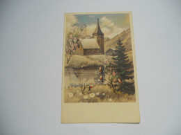 THEMES DIVERS CARTE  COULEUR ANCIENNE  EGLISE SAPIN OISEAU FLEURS //TBE - Peintures & Tableaux