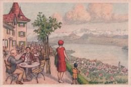 Meilen ZH, Restaurant LUFT, Terrasse Animée, Litho Couleur (329) - Meilen