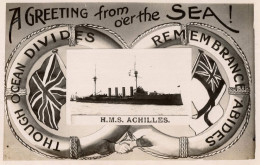 HMS Achilles Military War Ship Life Buoy Greetings Real Photo WW1 Postcard - Guerre