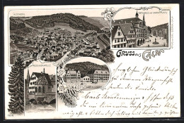 Lithographie Calw, Rathaus Mit Marktplatz, Nicolauskapelle, Handelsschule  - Calw