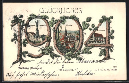 AK Freiburg I. Br., Münster, Denkmal Und Kaufhaus In Neujahrs-Passepartout 1904  - Freiburg I. Br.