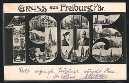 AK Freiburg I. Br., Kirchen Und Strassenpartien In Neujahrs-Passepartout 1905  - Freiburg I. Br.