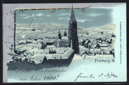 Mondschein-Lithographie Freiburg I. Br., Stadtansicht Im Schnee Mit Neujahrsgruss 1900  - Freiburg I. Br.
