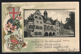 Passepartout-Lithographie Freiburg I. B., Rathaus, Wappen Und Wildrosen  - Autres & Non Classés