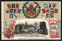 Passepartout-Lithographie Freiburg I. B., Schwabenthorbrücke Und Thor, Wappen Und Briefmarken  - Other & Unclassified