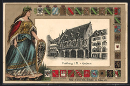 Passepartout-Lithographie Freiburg I. B., Kaufhaus, Wappen Und Germania  - Autres & Non Classés