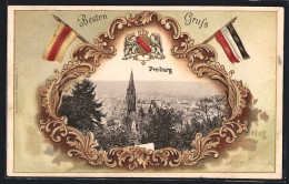 Passepartout-Lithographie Freiburg I. B., Blick Auf Das Münster, Fahnen Und Wappen  - Autres & Non Classés