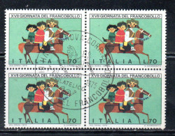 ITALIA REPUBBLICA ITALY REPUBLIC 1975 GIORNATA DEL FRANCOBOLLO STAMP DAY LIRE 70 QUARTINA BLOCK USATO USED OBLITERE' - 1971-80: Usati