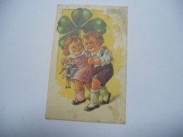 THEMES DIVERS CARTE  COULEUR ANCIENNE  DESSIN 2 ENFANTS UN TREFLES A 4 FEUILLES ET UNE POUPEE ////BE - Humour