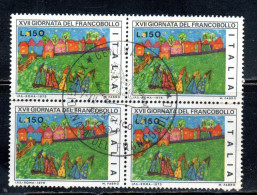 ITALIA REPUBBLICA ITALY REPUBLIC 1975 GIORNATA DEL FRANCOBOLLO STAMP DAY LIRE 150 QUARTINA BLOCK USATO USED OBLITERE' - 1971-80: Afgestempeld