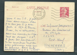 Entier Mariane De Muller  Yvert 1011-CP1 Oblitéré Aris Gare Montparnasse 17/06/1958  Raa10103 - 1955-1961 Marianne Of Muller