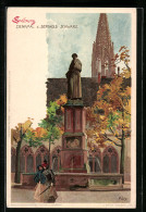 Künstler-Lithographie Heinrich Kley: Freiburg, Denkmal Des Berthold Schwarz  - Kley