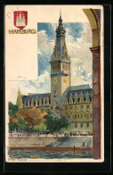 Künstler-AK Heinrich Kley: Hamburg, Rathaus Mit Fluss Und Strassenbahn Davor, Wappen  - Kley