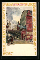 Künstler-Lithographie Heinrich Kley: Berlin, Bahnhof Friedrichstrasse, Eisenbahn, Pferdekutsche  - Kley