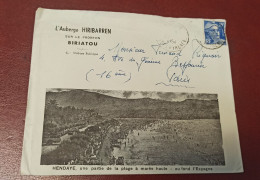 ENVELOPPE LETTRE 1954 - L'Auberge Hirribarren Sur Le Fronton Biriatou - Hendaye -  15F Bleu Marianne De Gandon - RIQUOIR - Brieven En Documenten
