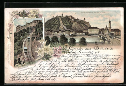 Vorläufer-Lithographie Graz, 1895, Schlossberg-Bahn, Stadtansicht Mit Schlossberg  - Autres & Non Classés