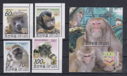North Korea - 2004 - Monkeys - Yv 3289/92 + Bf 451 - Scimmie