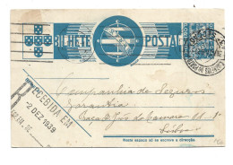 PORTUGAL - 1939 REGISTERED POSTAL STATIONERY ENTIER GANZSACHEN INTERI POSTALI  PORTO TO LISBOA - Brieven En Documenten
