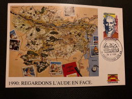 CP REGARDONS L'AUDE EN FACE TP MONGE 2,50 OBL.29 X 1990 11 CARCASSONNE CITE GA PHILATELIE (GUICHET ANNEXE) - Commemorative Postmarks