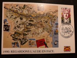 CP REGARDONS L'AUDE EN FACE TP GREGOIRE 2,50 OBL.29 X 1990 11 CARCASSONNE CITE GA PHILATELIE (GUICHET ANNEXE) - Commemorative Postmarks