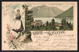 Lithographie Achensee, Panoramablick Auf Den Achensee, Frau In Tracht Grüsst Mit Ihrem Hut  - Other & Unclassified