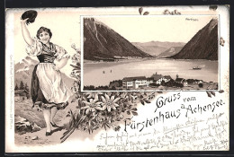 Lithographie Pertisau Am Achensee, Sicht Zum Fürstenhaus, Dame In Tracht  - Autres & Non Classés