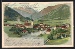 Lithographie Zell Am Ziller, Ortsansicht Mit Kirche Aus Der Vogelschau  - Other & Unclassified