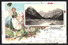 Lithographie Pertisau, Gesamtansicht, Frau In Tracht  - Other & Unclassified