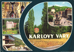 KARLOVY VARY, MULTIPLE VIEWS, ARCHITECTURE, PARK, STATUE, EMBLEM, TOWER, SCULPTURE, CZECH REPUBLIC, POSTCARD - Czech Republic