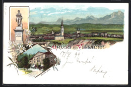 Lithographie Villach, Warmbad, Denkmal Hanns Gasser, Ortsansicht Mit Bergpanorama  - Sonstige & Ohne Zuordnung