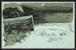 Mondschein-Lithographie Bregenz A. B., Kloster Riedenburg, Teilansicht, Gesamtansicht Mit See Und Bergkette  - Sonstige & Ohne Zuordnung