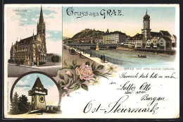 Lithographie Graz, Teilansicht Mit Dem Schlossberg, Herz Jesu-Kirche, Uhrturm  - Autres & Non Classés