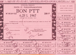 7196 / ⭐ Specimen BON 250 F PTT 6,25% Postes Telecommunications 1967 Documents Fictifs Instruction Personnel - Other & Unclassified