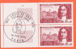 7337 / ⭐ Paire Bord Feuille Yvert Y-T N° 1623 Obliteration 1er Jour PARIS 14-02-1970 Louis LE VAU 1612-1670 LUXE MNH**  - Unused Stamps
