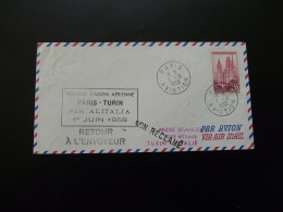 Lettre Premier Vol First Flight Cover Paris Torino Alitalia 1958 - Erst- U. Sonderflugbriefe