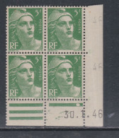 France N° 719 XX  Marianne Gandon 5 F. Vert En Bloc De 4 Coin Daté Du 30 . 1 . 46 ;  1point Blanc Sans  Char., TB - 1940-1949