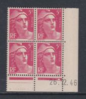 France N° 719A XX  Marianne Gandon 5 F. Rose En Bloc De 4 Coin Daté Du 26 . 12 . 46, 1 Point Blanc Sans Cha., TB - 1940-1949