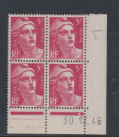 France N° 719A XX  Marianne Gandon 5 F. Rose En Bloc De 4 Coin Daté Du 30 . 12 . 46, 1 Point Blanc Sans Cha., TB - 1940-1949