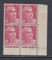 France N° 719A X  Marianne Gandon 5 F. Rose En Bloc De 4 Coin Daté Du 28 . 12 . 46 .  3 Points Blancs Trace Cha., TB - 1940-1949