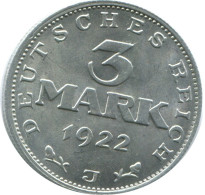 3 MARK 1922 J ALEMANIA Moneda GERMANY #AE440.E.A - 3 Mark & 3 Reichsmark