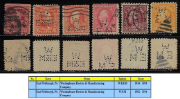 USA 1902/1954 6 Stamp Perfin W/E&M W/EM Westinghouse Electric & Manufacturing Company East Pittsburgh Lochung Perfore - Perforés