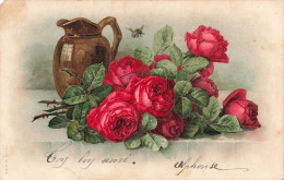 FANTAISIES - Fleurs - Roses Rouge - Vase - Abeille  - Colorisé - Carte Postale Ancienne - Autres & Non Classés