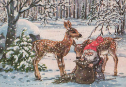 SANTA CLAUS Happy New Year Christmas GNOME DEER Vintage Postcard CPSM #PAW488.A - Santa Claus