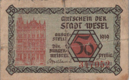 50 PFENNIG 1919 Stadt WESEL Rhine DEUTSCHLAND Notgeld Banknote #PI203 - [11] Emissions Locales