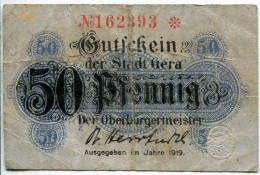 50 PFENNIG 1919 Stadt GERA Thuringia DEUTSCHLAND Notgeld Papiergeld Banknote #PL916 - [11] Emissions Locales